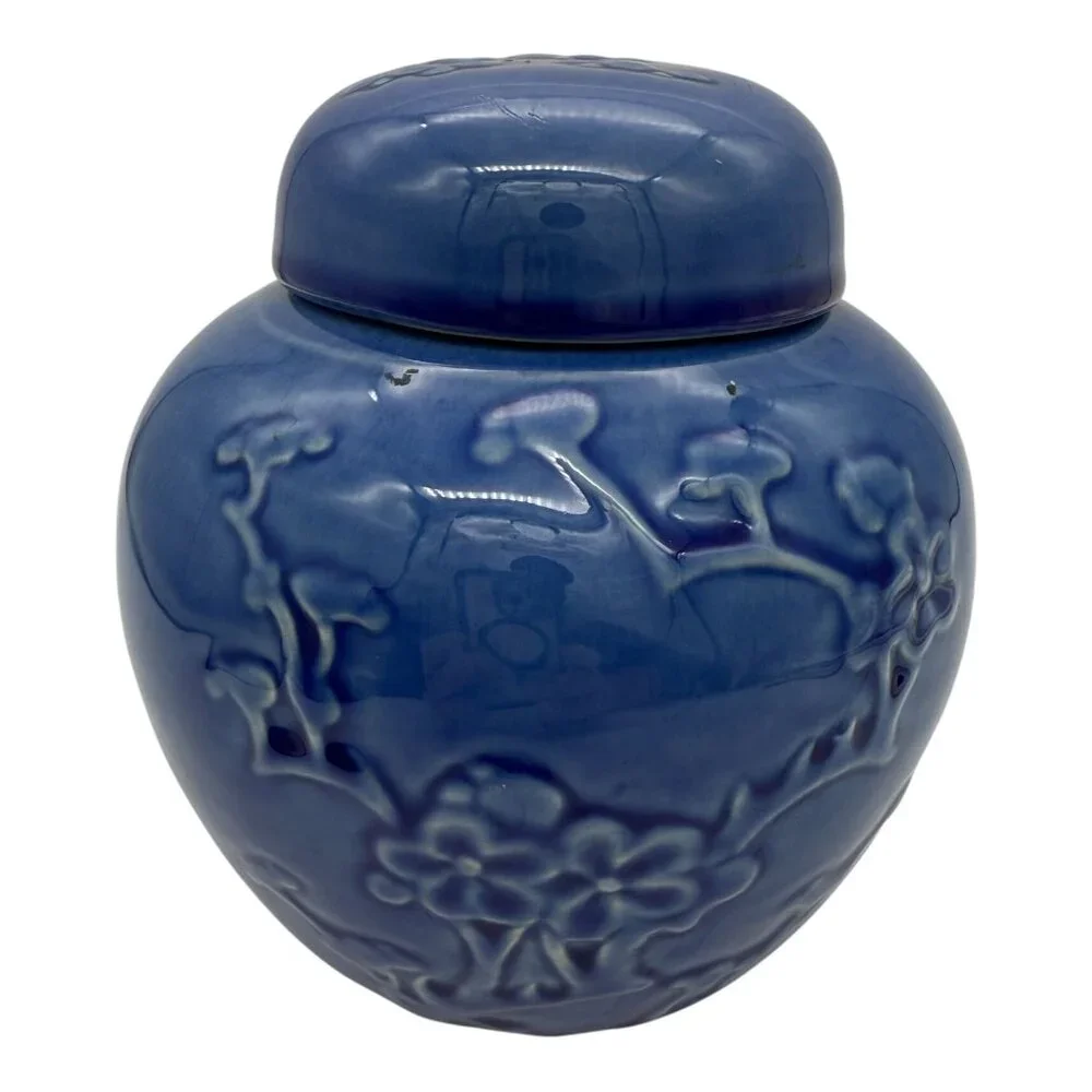 Metlox Blue Cherry Blossom Ginger Jar w/ Lid Floral Embossed California Pottery